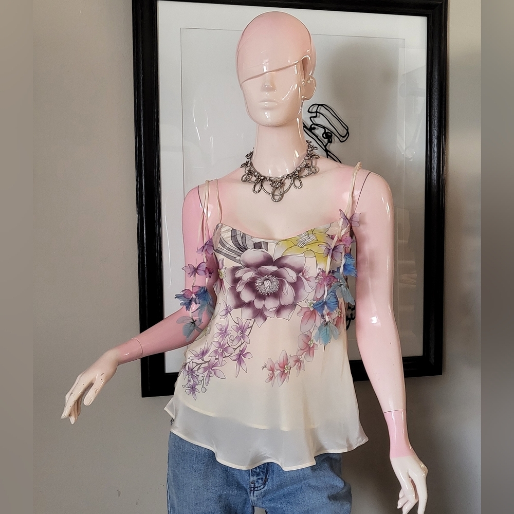 Y2k Fairy dust cami top floral butterfly silk spagetti strap adjustable